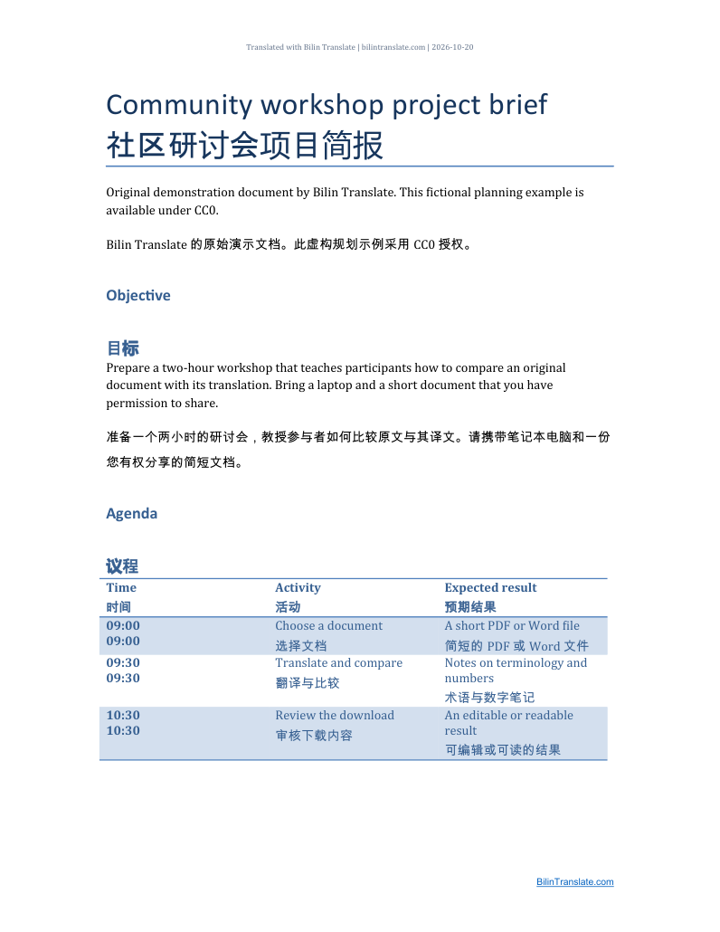 Word example: a workshop project brief — English + Chinese · Page 1